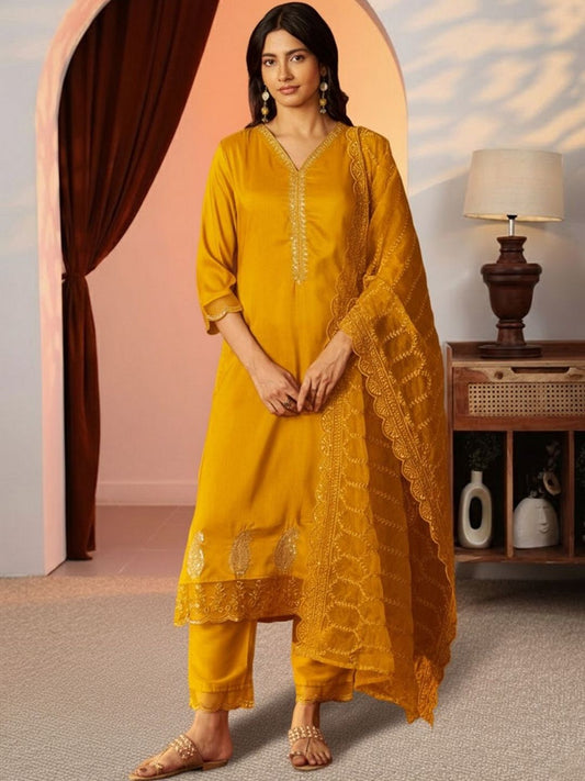 Women Ethnic Motifs Embroidered Regular Thread Work Kurta with Trousers & With Dupatta