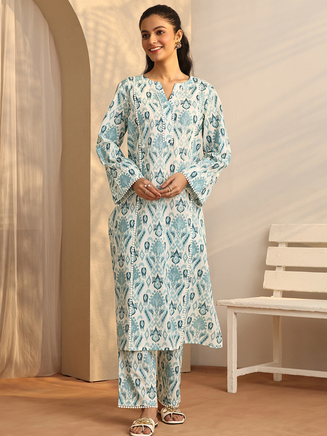 Women Ethnic Motifs Printed Regular Thread Work Kurta with Palazzos