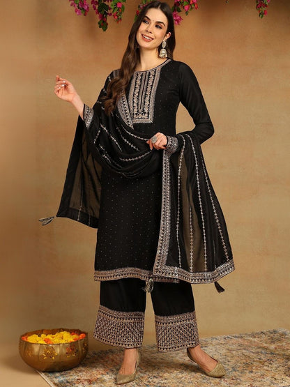 Dhiyona KL Ethnic Motifs Yoke Design Sequinned Kurta With Palazzos & Dupatta