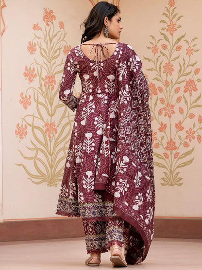 Dhiyona KL Floral Printed Mirror Work Pure Cotton Anarkali Kurta With Trouser & Dupatta