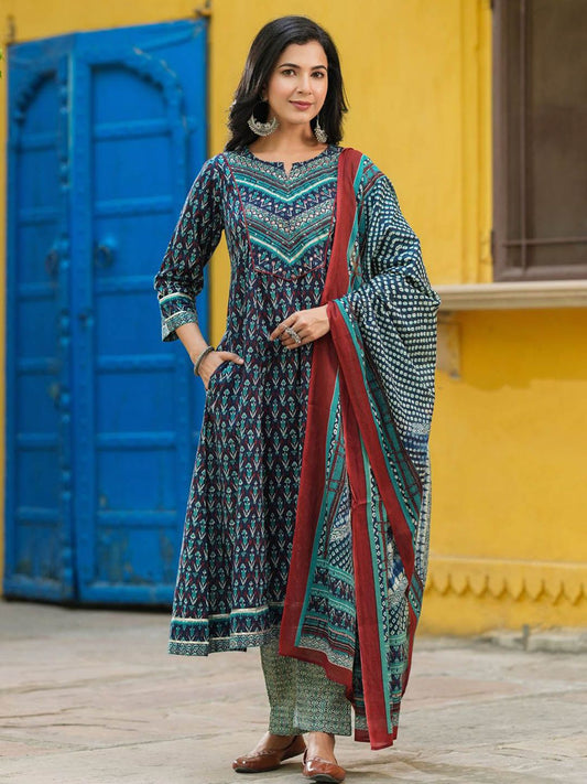 Dhiyona RR Women's Ethnic Motifs Printed Pure Cotton Kurta with Trousers & Dupatta