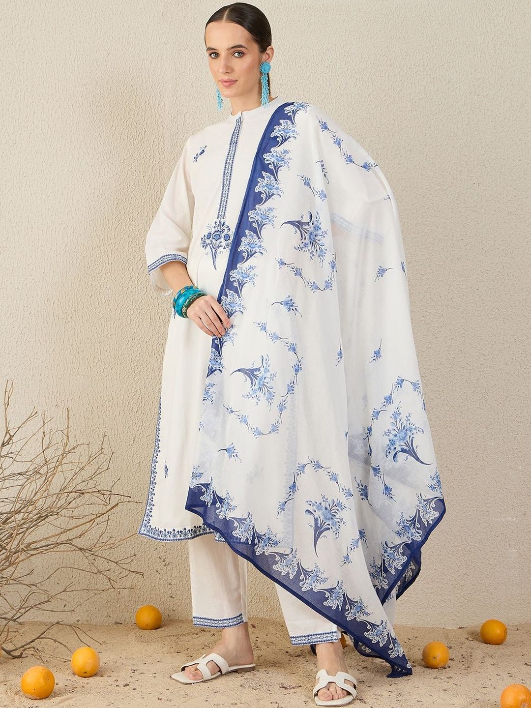 Floral Embroidered Thread Work Pure Cotton Straight Kurta & Trouser With Dupatta