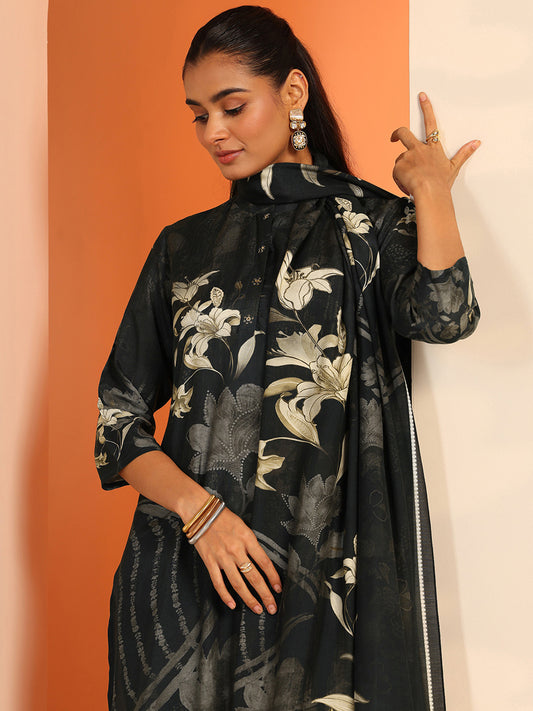 Floral Printed Mandarin Collar Straight Kurta With Trousers & Dupatta