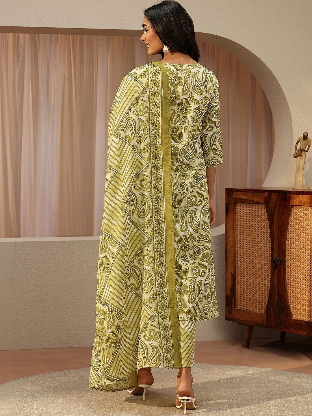 Green Paisley Printed Cotton Straight Suit Set