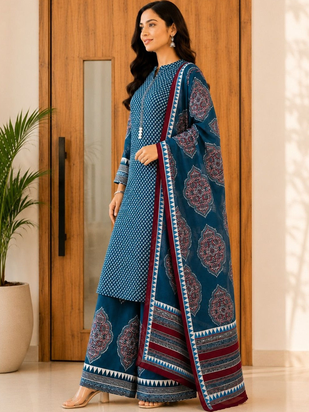 Women Ethnic Motifs Printed Regular Pure Cotton Kurta with Palazzos & With Dupatta