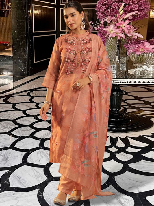 Women Floral Embroidered Regular Thread Work Chanderi Cotton Kurta with Trousers & With Dupatta