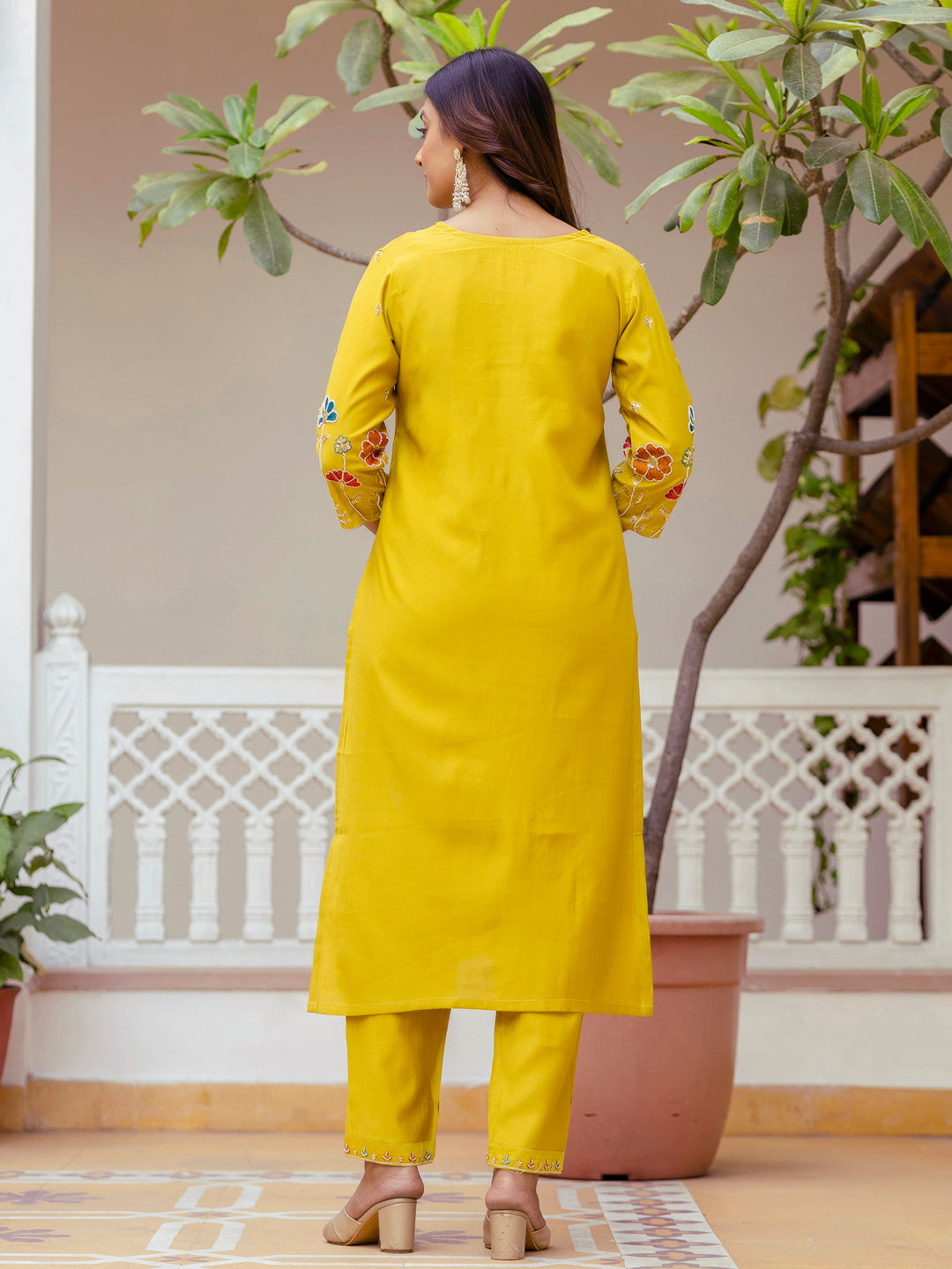 Dhiyona VV Naira Floral Embroidered Hand Work Suits Yellow Kurta Pant Sets With Dupatta