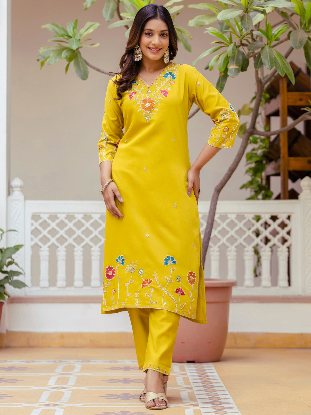 Dhiyona VV Naira Floral Embroidered Hand Work Suits Yellow Kurta Pant Sets With Dupatta