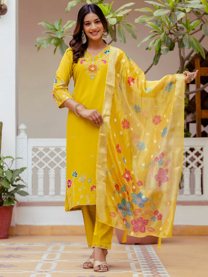 Dhiyona VV Naira Floral Embroidered Hand Work Suits Yellow Kurta Pant Sets With Dupatta
