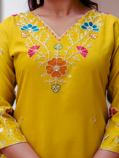 Dhiyona VV Naira Floral Embroidered Hand Work Suits Yellow Kurta Pant Sets With Dupatta