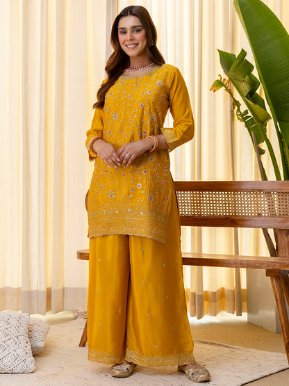 Dhiyona VV Mustard Silk Blend Embroidered with Sequins Straight Kurta Palazzo Dupatta Set