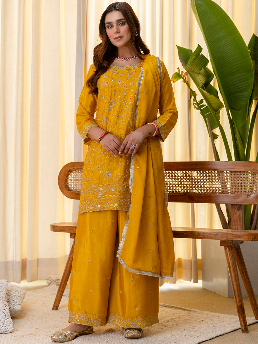 Dhiyona VV Mustard Silk Blend Embroidered with Sequins Straight Kurta Palazzo Dupatta Set