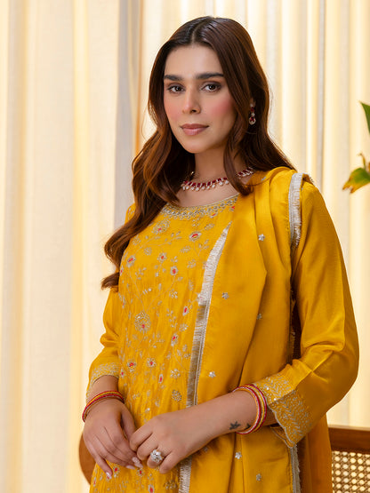 Dhiyona VV Mustard Silk Blend Embroidered with Sequins Straight Kurta Palazzo Dupatta Set
