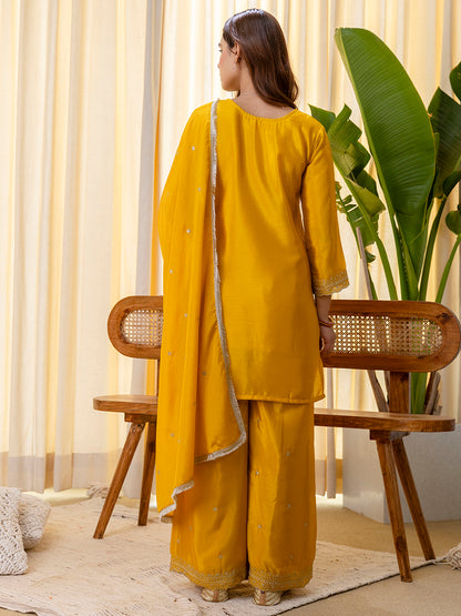 Dhiyona VV Mustard Silk Blend Embroidered with Sequins Straight Kurta Palazzo Dupatta Set