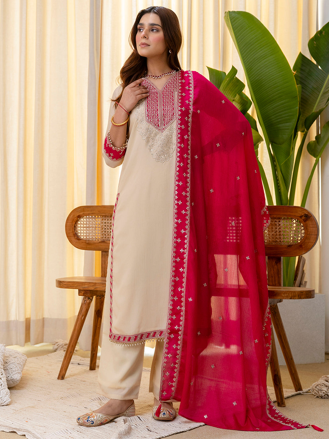 Dhiyona VV Niyati Cream Embroidred Kurta Sets with Sequins Work Women Suits