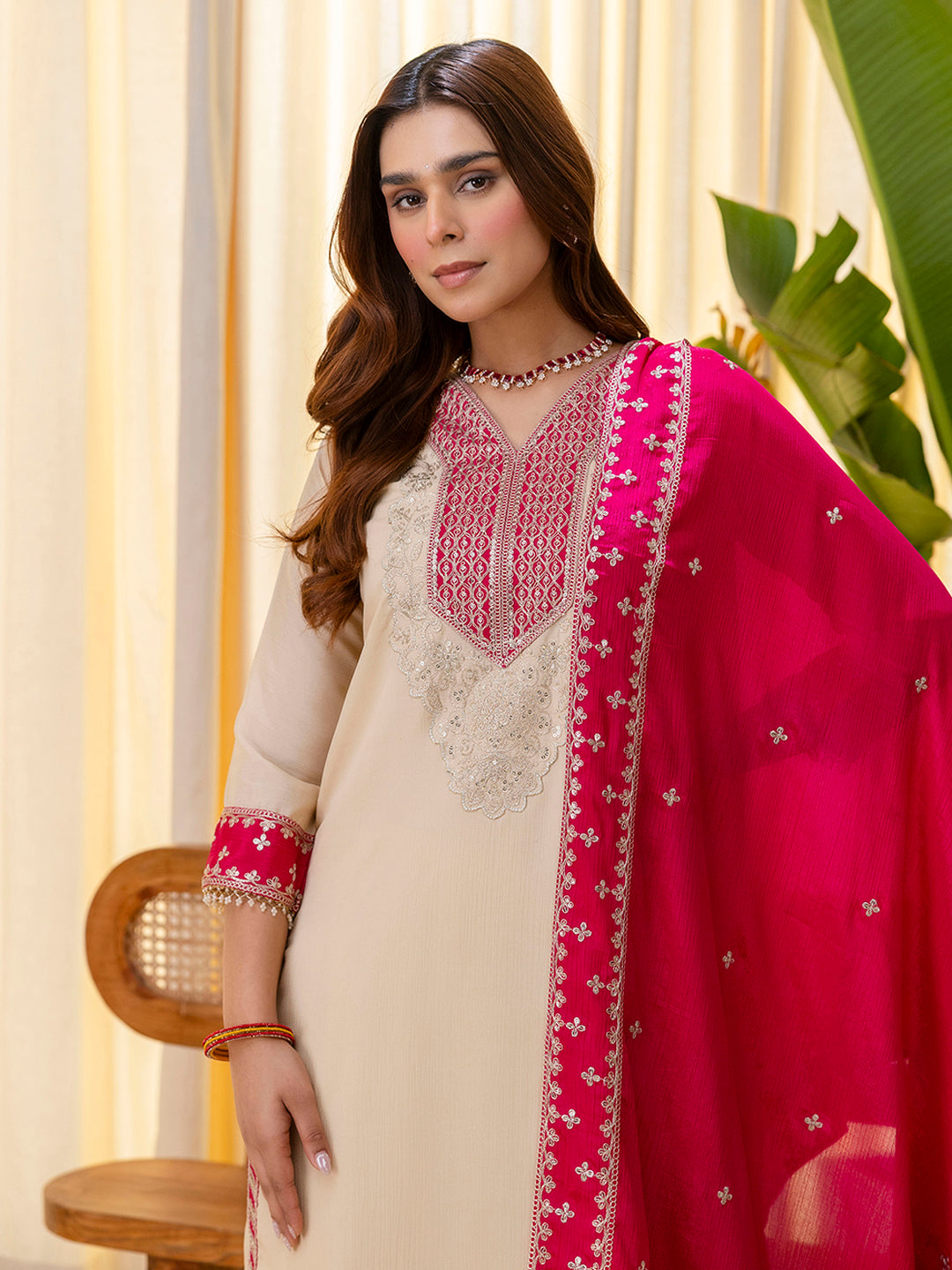 Dhiyona VV Niyati Cream Embroidred Kurta Sets with Sequins Work Women Suits