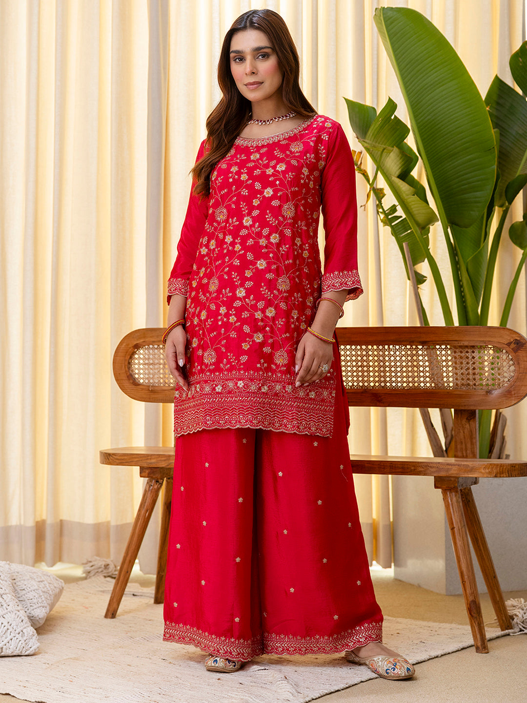 Dhiyona VV Rani Pink Silk Blend Embroidered with Sequins Straight Kurta Palazzo Dupatta Set