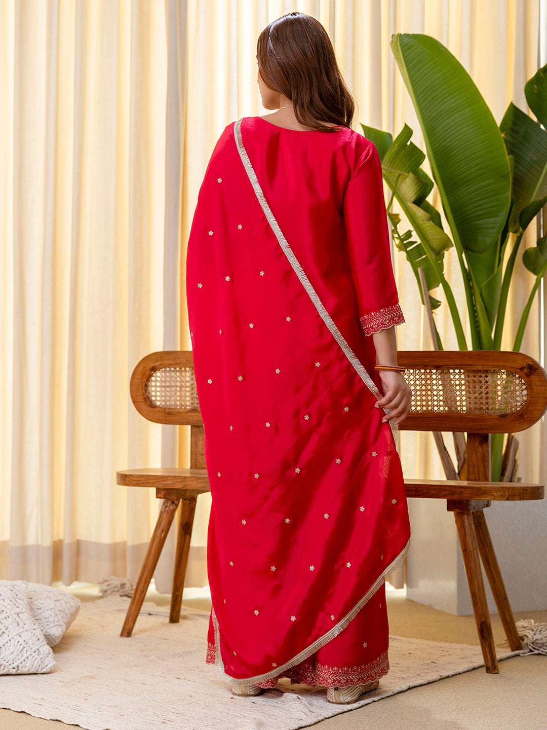 Dhiyona VV Rani Pink Silk Blend Embroidered with Sequins Straight Kurta Palazzo Dupatta Set