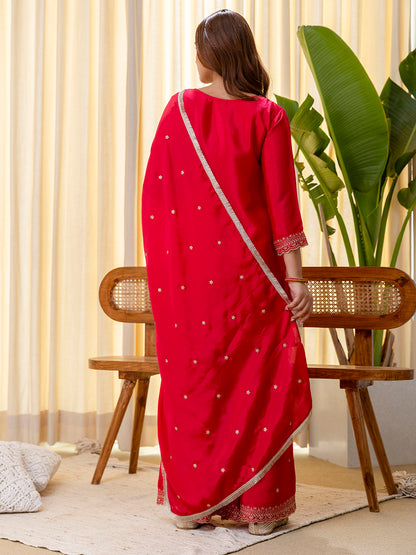 Dhiyona VV Rani Pink Silk Blend Embroidered with Sequins Straight Kurta Palazzo Dupatta Set
