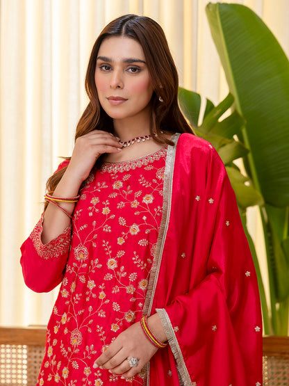 Dhiyona VV Rani Pink Silk Blend Embroidered with Sequins Straight Kurta Palazzo Dupatta Set