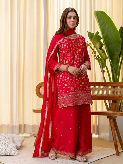Dhiyona VV Rani Pink Silk Blend Embroidered with Sequins Straight Kurta Palazzo Dupatta Set