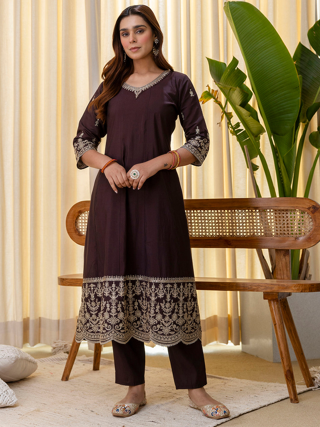 Dhiyona VV Vireya Coffee Embroidred Kurta Sets with Sequins Work Women Suits
