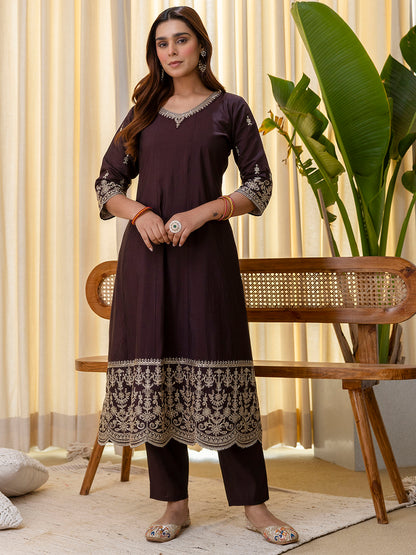 Dhiyona VV Vireya Coffee Embroidred Kurta Sets with Sequins Work Women Suits