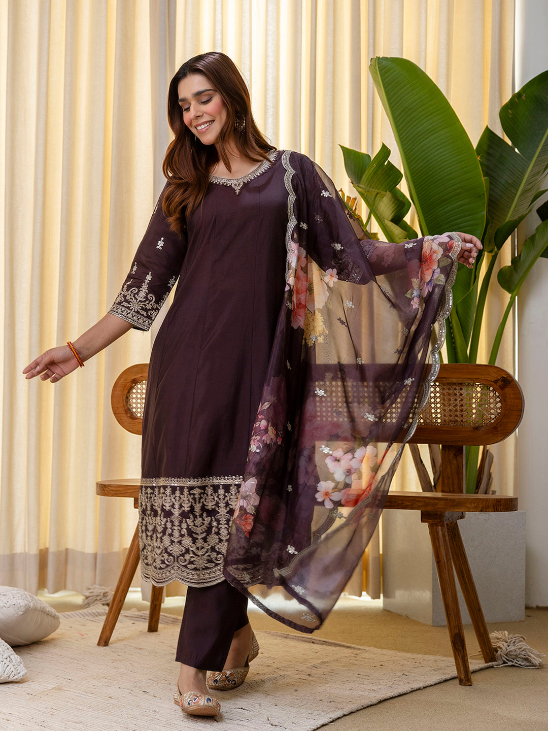Dhiyona VV Vireya Coffee Embroidred Kurta Sets with Sequins Work Women Suits
