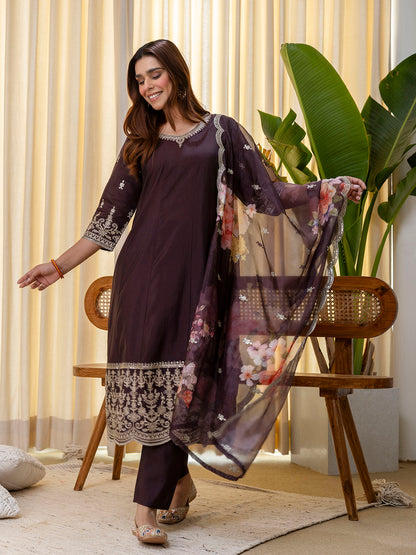 Dhiyona VV Vireya Coffee Embroidred Kurta Sets with Sequins Work Women Suits