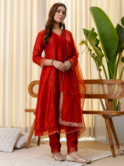 Dhiyona VV Sukoon Rust Embroidred Kurta Sets with Sequins Work Women Suits