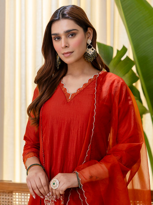 Dhiyona VV Sukoon Rust Embroidred Kurta Sets with Sequins Work Women Suits