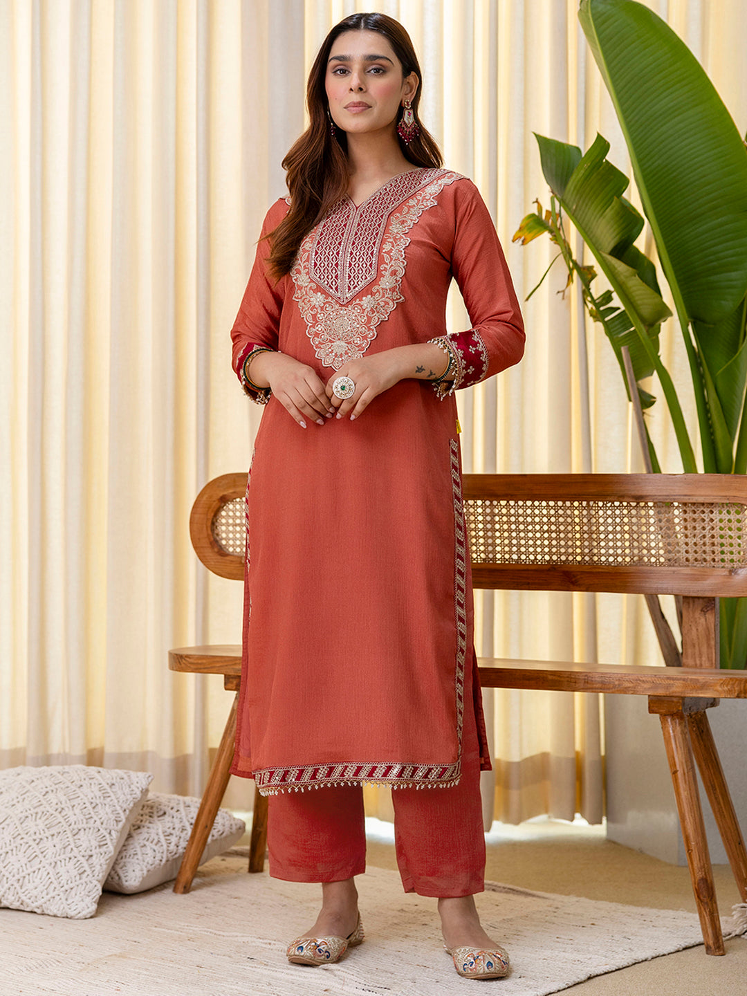 Dhiyona VV Niyati Peach Embroidred Kurta Sets with Sequins Work Women Suits