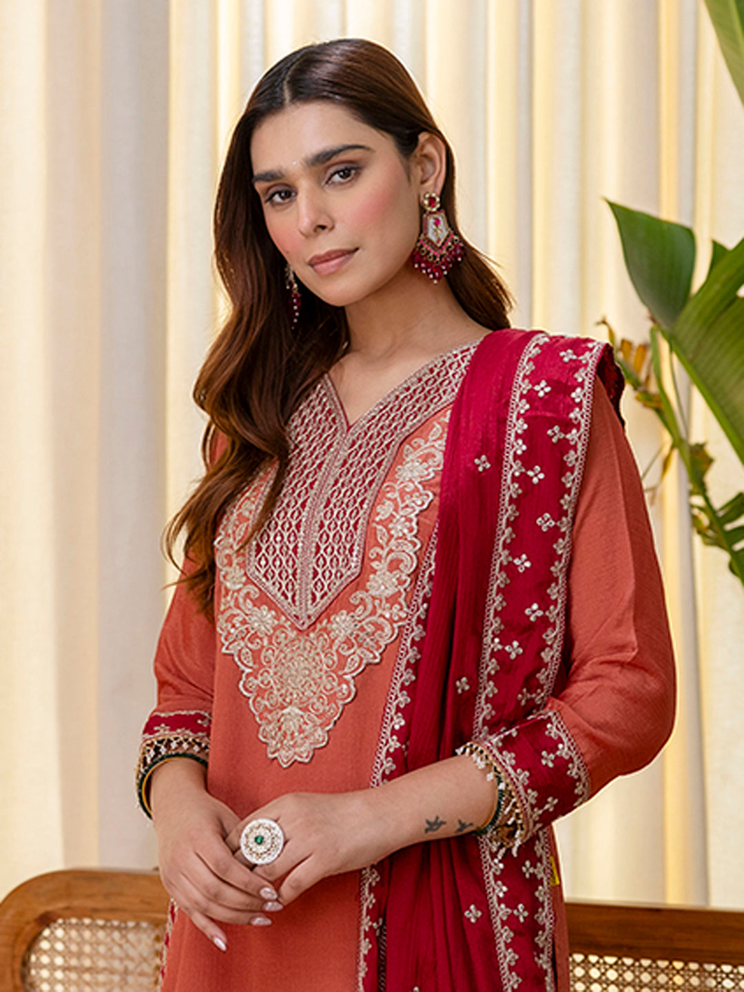 Dhiyona VV Niyati Peach Embroidred Kurta Sets with Sequins Work Women Suits