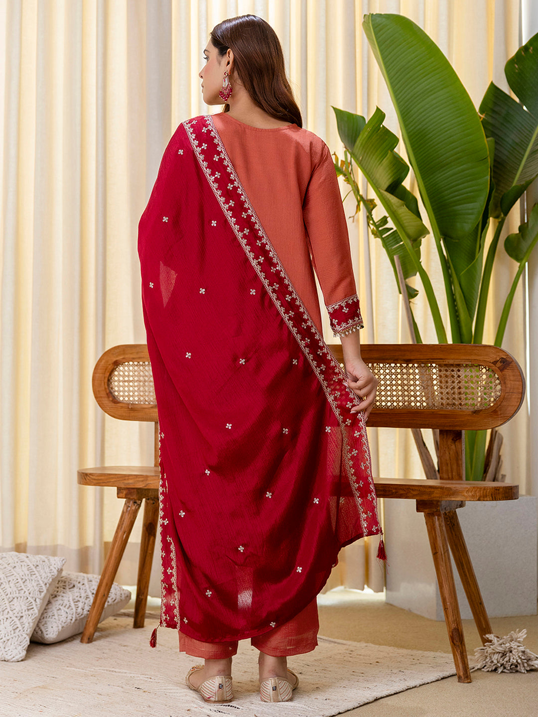 Dhiyona VV Niyati Peach Embroidred Kurta Sets with Sequins Work Women Suits