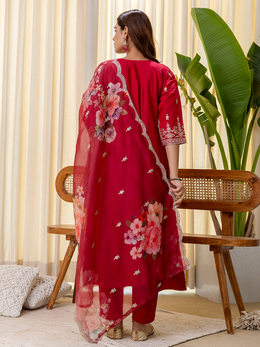 Dhiyona VV Vireya Cherry red Embroidred Kurta Sets with Sequins Work Women Suits
