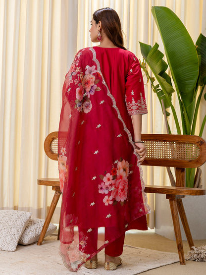 Dhiyona VV Vireya Cherry red Embroidred Kurta Sets with Sequins Work Women Suits