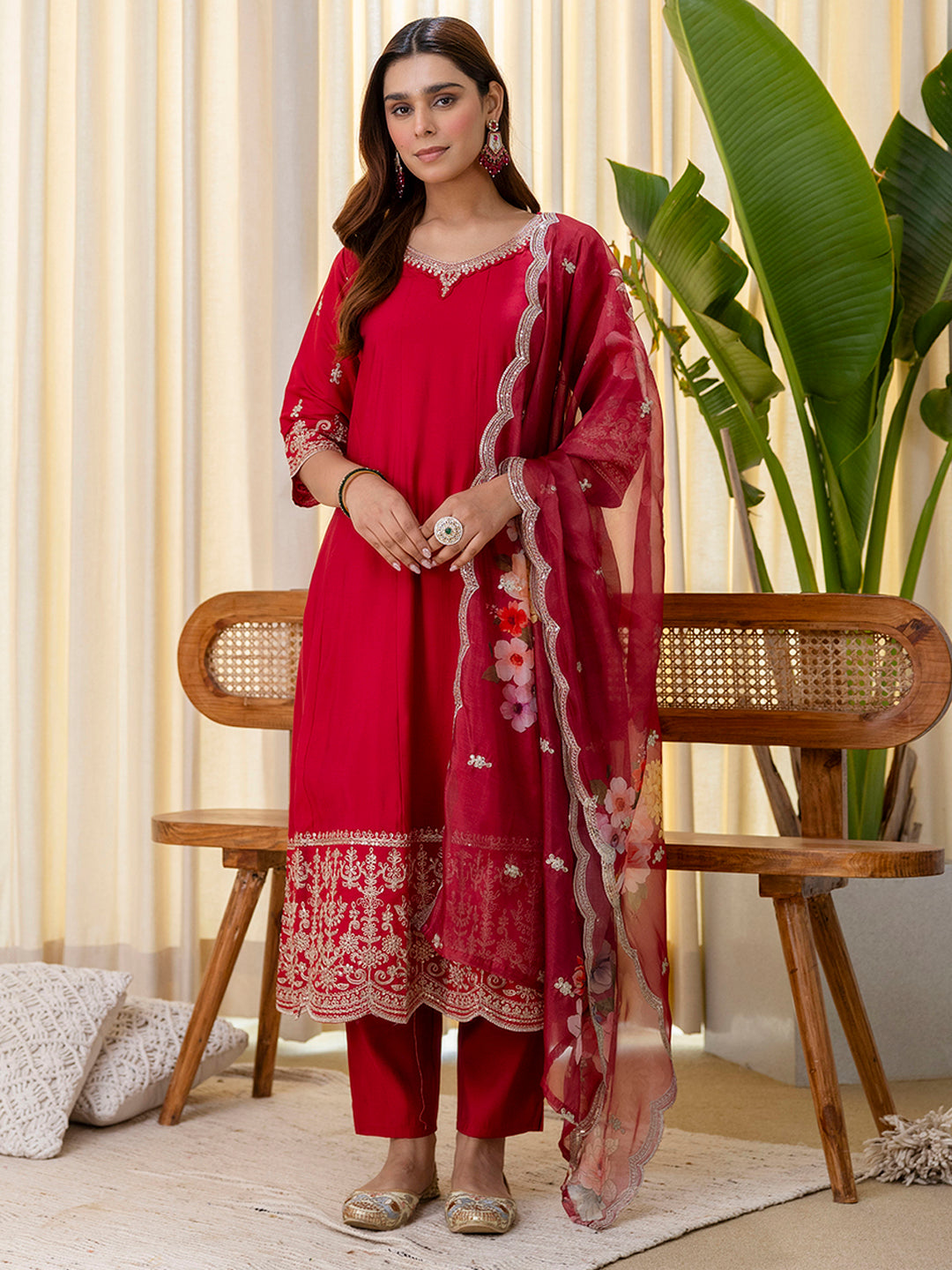 Dhiyona VV Vireya Cherry red Embroidred Kurta Sets with Sequins Work Women Suits