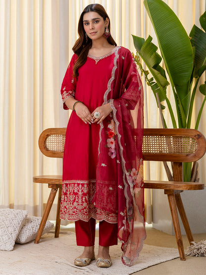 Dhiyona VV Vireya Cherry red Embroidred Kurta Sets with Sequins Work Women Suits