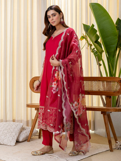 Dhiyona VV Vireya Cherry red Embroidred Kurta Sets with Sequins Work Women Suits