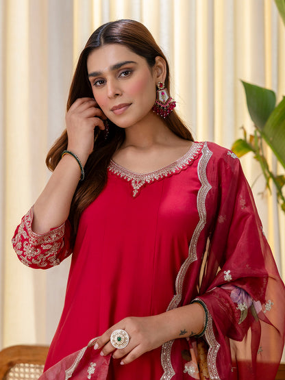 Dhiyona VV Vireya Cherry red Embroidred Kurta Sets with Sequins Work Women Suits