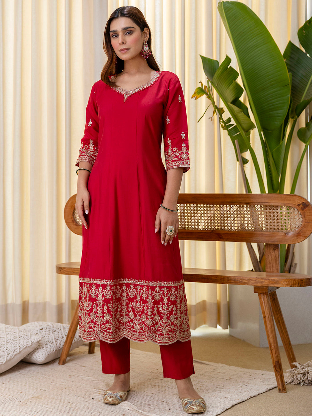 Dhiyona VV Vireya Cherry red Embroidred Kurta Sets with Sequins Work Women Suits