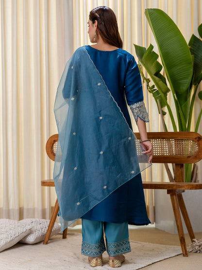 Dhiyona VV Teal-blue Embroidred Kurta Sets with Sequins Work Women Suits