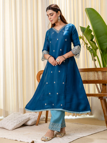 Dhiyona VV Teal-blue Embroidred Kurta Sets with Sequins Work Women Suits