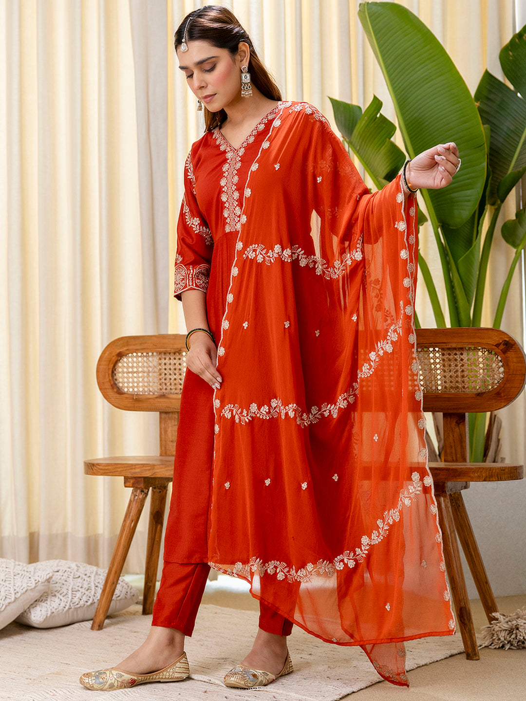 Dhiyona VV Rust Embroidred Kurta Sets with Sequins Work Women Suits