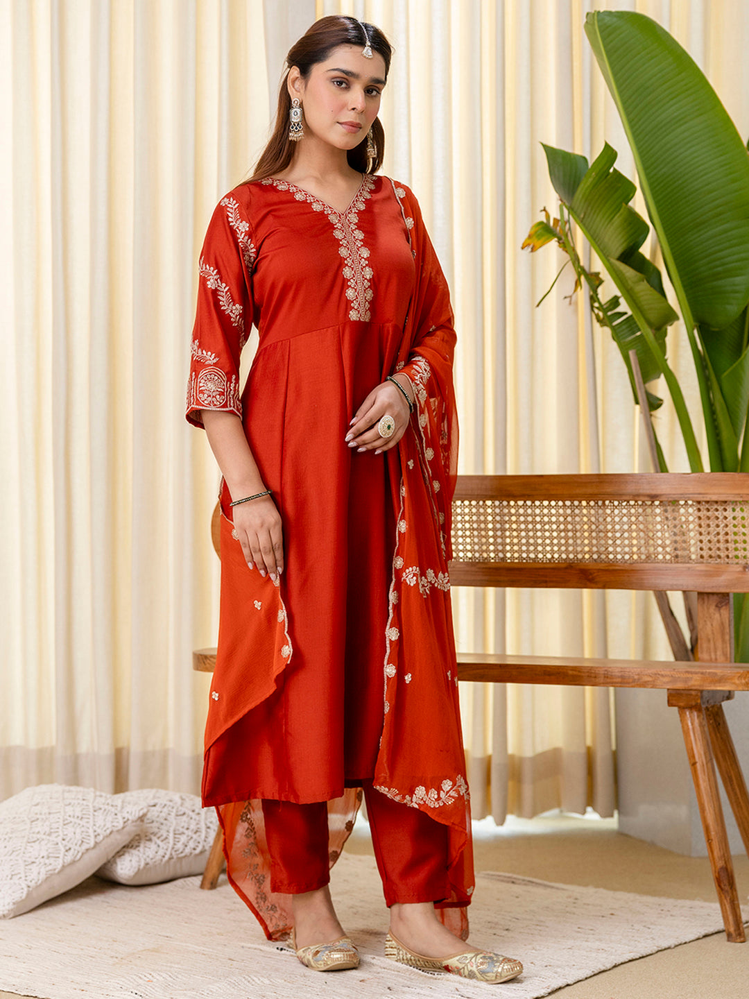 Dhiyona VV Rust Embroidred Kurta Sets with Sequins Work Women Suits