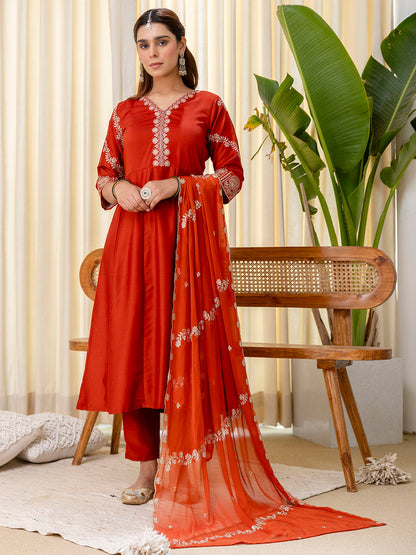 Dhiyona VV Rust Embroidred Kurta Sets with Sequins Work Women Suits