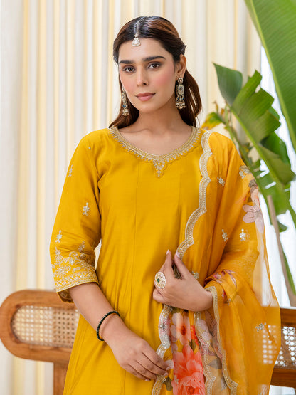 Dhiyona VV Vireya Mustard Embroidred Kurta Sets with Sequins Work Women Suits