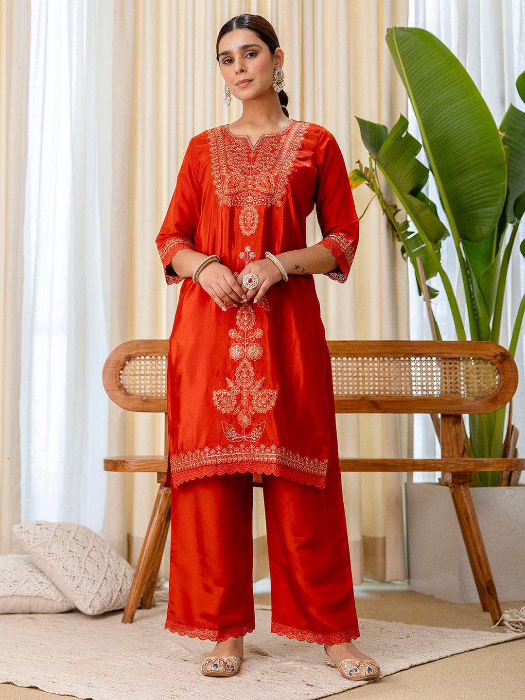 Dhiyona VV Utsaah Rust Embroidred Kurta Sets with Sequins Work Women Suits