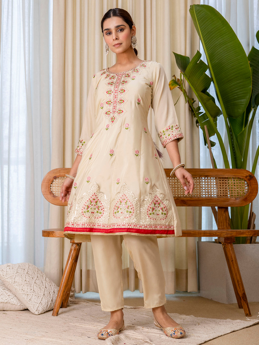 Dhiyona VV Beige Elegant Silk Kurta Pant Set