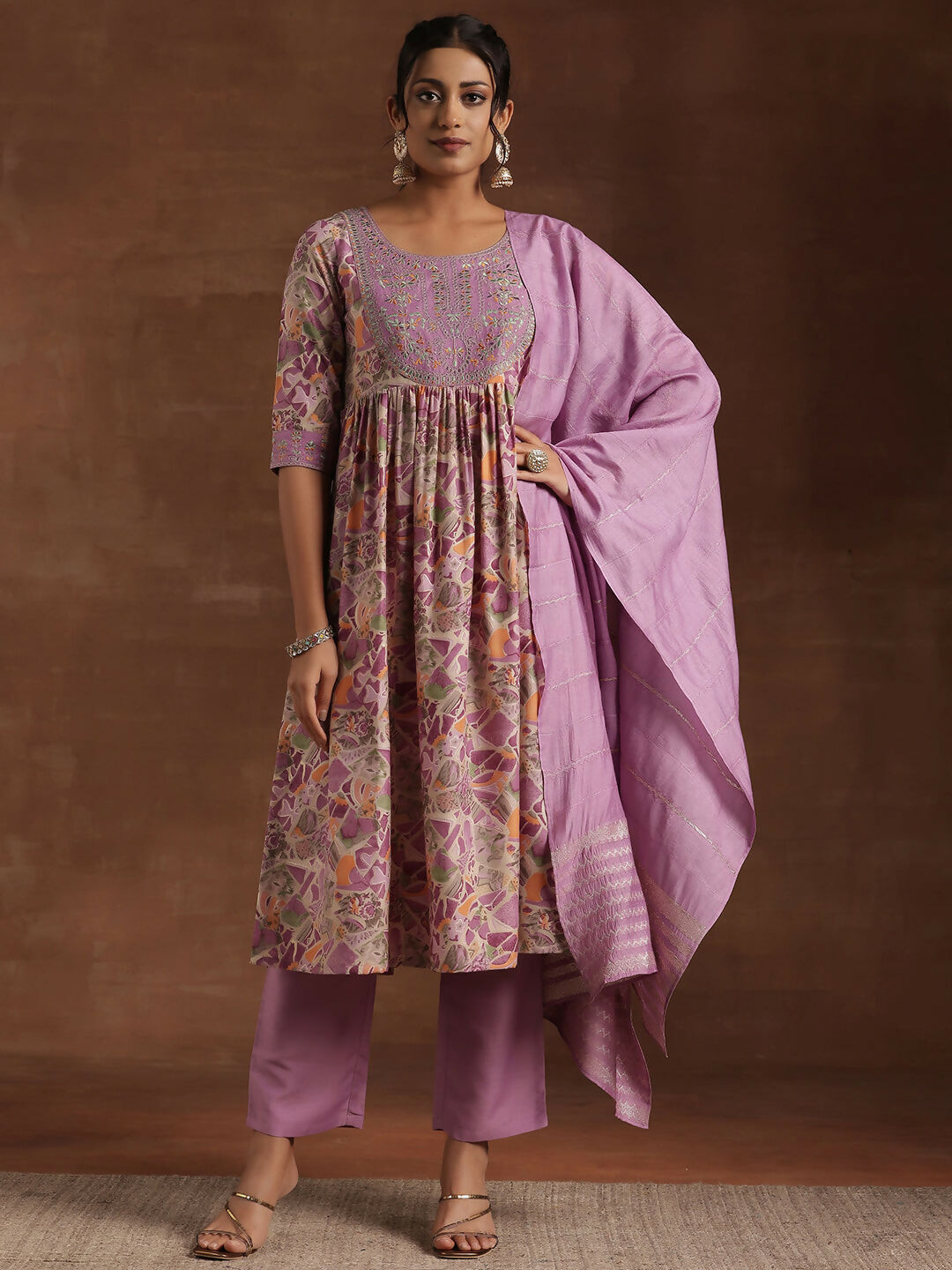 Women's LB Purple Printed Silk Blend A-Line Kurta With Trousers & Dupatta